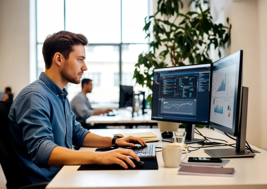 Focused Male Software Developer Coding on Dual Monitors. Calculator werkvoorbereider
