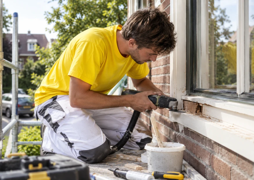 Vakman repareert houten raamkozijn Houtrot reparateur